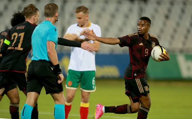 Sport Bilder des Tages 13.10.2023 Sofia Bulgaria-Germany U21, U 21 U-21 Under-21 European qualifiers men s football Youssoufa Moukoko (R) Germany celebrate first scored goal :