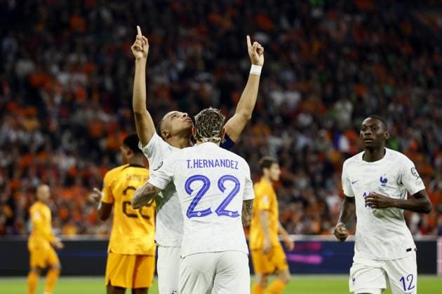 AMSTERDAM - Kylian Mbappe of France celebrates the 0-1 during the European Championship, EM, Europameisterschaft Qualifying match in group B between the Netherlands and France in the Johan Cruijff ArenA on October 13, 2023 in Amsterdam, the Netherlands. ANP KOEN VAN WEEL UEFA EURO, EM, Europameisterschaft,Fussball 2024 Qualifying Round 2023 2024 xVIxANPxSportx xxANPxIVx 480998237 originalFilename: 480998237.jpg