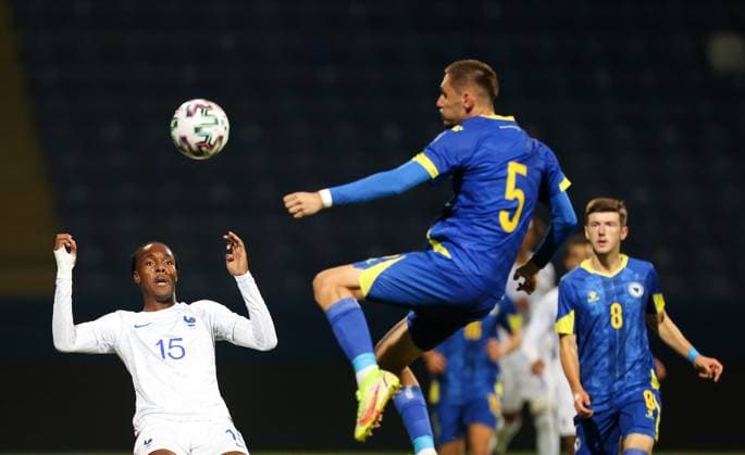 Bosnia & Herzegovina - France: U21, U 21 EURO Qualifiers Savo Susic of Bih in action during the U21 EURO Qualification, EM, Europameisterschaft Group H match between Bosnia and Herzegovina and France at Grbavica Stadium in Sarajevo, Bosnia and Herzegovina, on October 13, 2023. ArminxDurgut PIXSELL