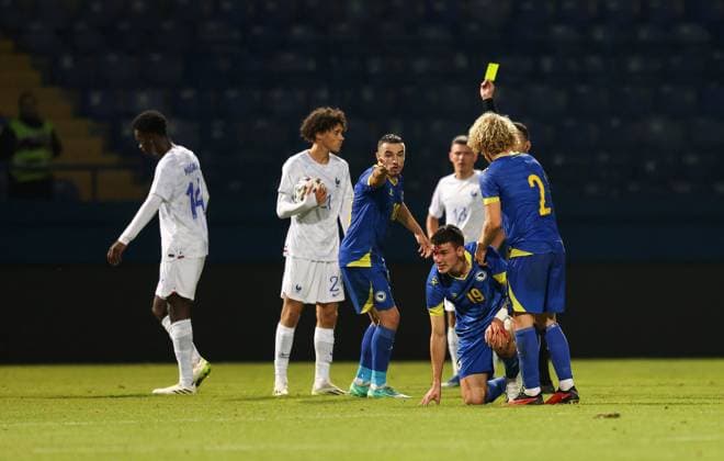 Bosnia & Herzegovina - France: U21, U 21 EURO Qualifiers Filip Cuic of Bih lies injured during the U21 EURO Qualification, EM, Europameisterschaft Group H match between Bosnia and Herzegovina and France at Grbavica Stadium in Sarajevo, Bosnia and Herzegovina, on October 13, 2023. ArminxDurgut PIXSELL