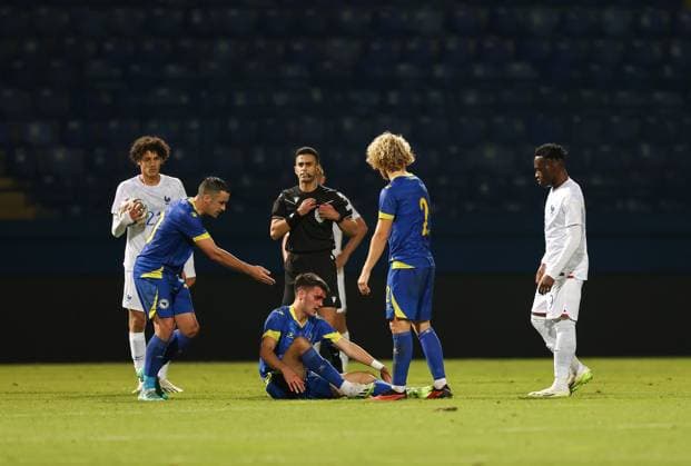 Bosnia & Herzegovina - France: U21, U 21 EURO Qualifiers Filip Cuic of Bih lies injured during the U21 EURO Qualification, EM, Europameisterschaft Group H match between Bosnia and Herzegovina and France at Grbavica Stadium in Sarajevo, Bosnia and Herzegovina, on October 13, 2023. ArminxDurgut PIXSELL