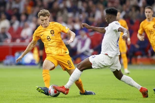 AMSTERDAM, 13-10-2023 JohanCruyff Arena, Football Euro2024 Qualifier between Netherlands and France. Netherlands player Mats Wieffer and France player Aurelien Tchouameni Netherlands - France  x22734023x Copyright: