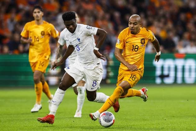 AMSTERDAM - (l-r) Aurelien Tchouameni of France, Donyell Malen of Holland during the European Championship, EM, Europameisterschaft Qualifying match in group B between the Netherlands and France at the Johan Cruijff ArenA on October 13, 2023 in Amsterdam, the Netherlands. ANP KOEN VAN WEEL UEFA EURO, EM, Europameisterschaft,Fussball 2024 Qualifying Round 2023 2024 xVIxANPxSportx xxANPxIVx 481002328 originalFilename: 481002328.jpg