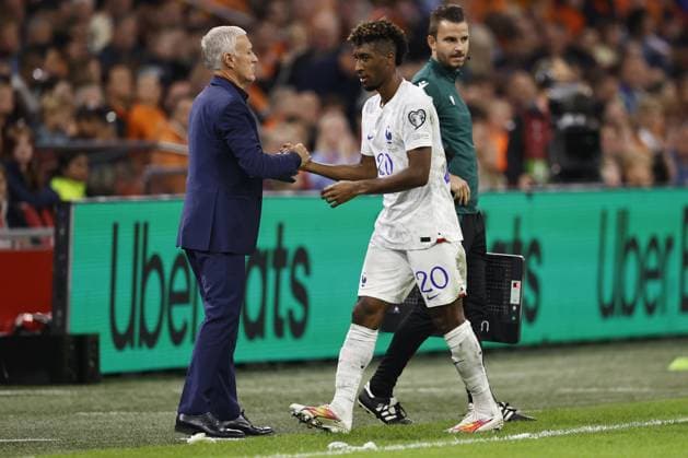AMSTERDAM - (l-r) France coach Didier Deschamps, Kingsley Coman of France during the European Championship, EM, Europameisterschaft Qualifying match in group B between the Netherlands and France at the Johan Cruijff ArenA on October 13, 2023 in Amsterdam, the Netherlands. ANP MAURICE VAN STEEN UEFA EURO, EM, Europameisterschaft,Fussball 2024 Qualifying Round 2023 2024 xVIxANPxSportx xxANPxIVx 481002353 originalFilename: 481002353.jpg