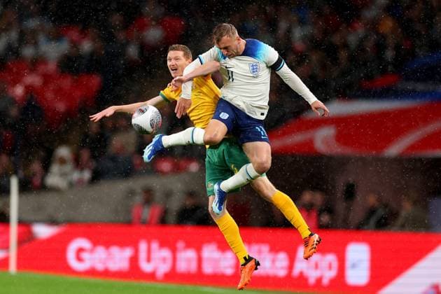 13th October 2023; Wembley Stadium, London, England; International Football Friendly, England versus Australia; Jarrod Bowen of England competes for the ball with Kye Rowles of Australia  ActionPlus12564017 ShaunxBrooks