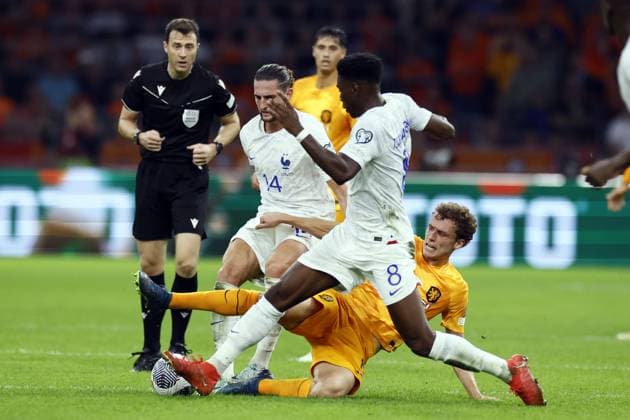 AMSTERDAM - (l-r) Adrien Rabiot of France, Mats Wieffer of Holland, Aurelien Tchouameni of France during the European Championship, EM, Europameisterschaft Qualifying match in group B between the Netherlands and France at the Johan Cruijff ArenA on October 13, 2023 in Amsterdam, Netherlands. ANP KOEN VAN WEEL UEFA EURO, EM, Europameisterschaft,Fussball 2024 Qualifying Round 2023 2024 xVIxANPxSportx xxANPxIVx 481002702 originalFilename: 481002702.jpg