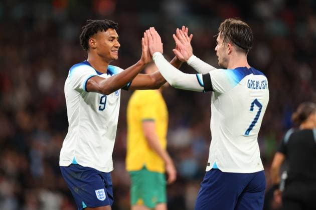 13th October 2023; Wembley Stadium, London, England; International Football Friendly, England versus Australia; Ollie Watkins of England celebrates with Jack Grealish after he scores for 1-0 in the 57th minute  ActionPlus12564046 ShaunxBrooks