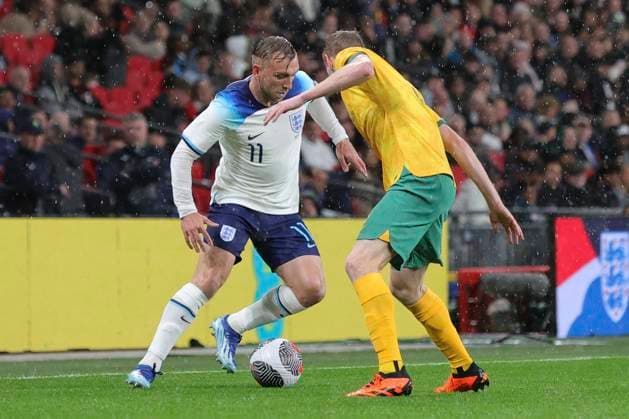 England v Australia International Friendly, Länderspiel, Nationalmannschaft Jarrod Bowen of England and Kye Rowles of Australia in action during the International Friendly match at Wembley Stadium, London Copyright: xPaulxChestertonx FIL-19107-0039 UK Newspapers OUT