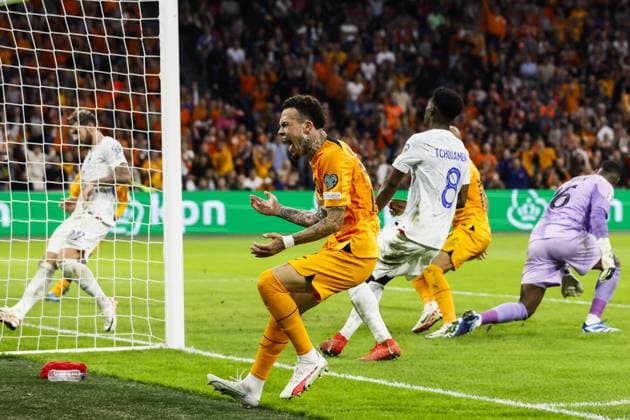 AMSTERDAM - Quilindschy Hartman of Holland celebrates the 1-2 during the European Championship, EM, Europameisterschaft Qualifying match in group B between the Netherlands and France in the Johan Cruijff ArenA on October 13, 2023 in Amsterdam, the Netherlands. ANP KOEN VAN WEEL UEFA EURO, EM, Europameisterschaft,Fussball 2024 Qualifying Round 2023 2024 xVIxANPxSportx xxANPxIVx 481002907 originalFilename: 481002907.jpg