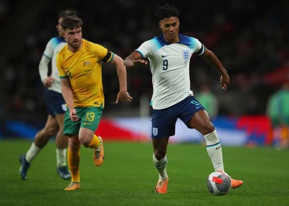 England v Australia, London, UK - 13 Oct 2023 Ollie Watkins of England is pressured by Ryan Strain of Australia during the International Friendly, Länderspiel, Nationalmannschaft match between England and Australia at Wembley Stadium, London on 13 October 2023 ( London Wembley Stadium London England Copyright: xMicahxCrook PPAUKx PPA-060915