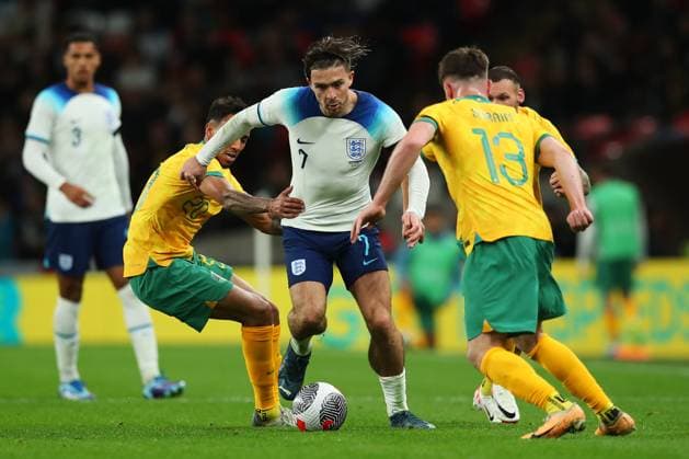 England v Australia, London, UK - 13 Oct 2023 Jack Grealish of England is challenged by Keanu Baccus and Ryan Strain of Australia during the International Friendly, Länderspiel, Nationalmannschaft match between England and Australia at Wembley Stadium, London on 13 October 2023 ( London Wembley Stadium London England Copyright: xMicahxCrook PPAUKx PPA-060925