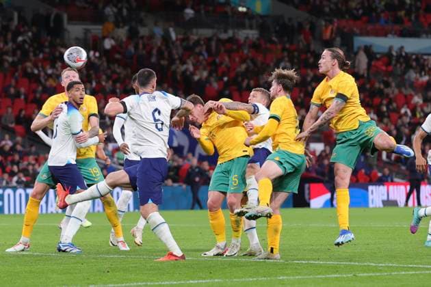 England v Australia International Friendly, Länderspiel, Nationalmannschaft Connor Metcalfe of Australia heads for goal during the International Friendly match at Wembley Stadium, London Copyright: xPaulxChestertonx FIL-19107-0096 UK Newspapers OUT