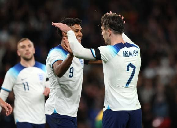 Goalscorer Ollie Watkins (E) celebrates with Jack Grealish (E) after scoring the first England goal (1-0) at the England v Australia friendly match at Wembley Stadium, London, UK on 13th October, 2023. 