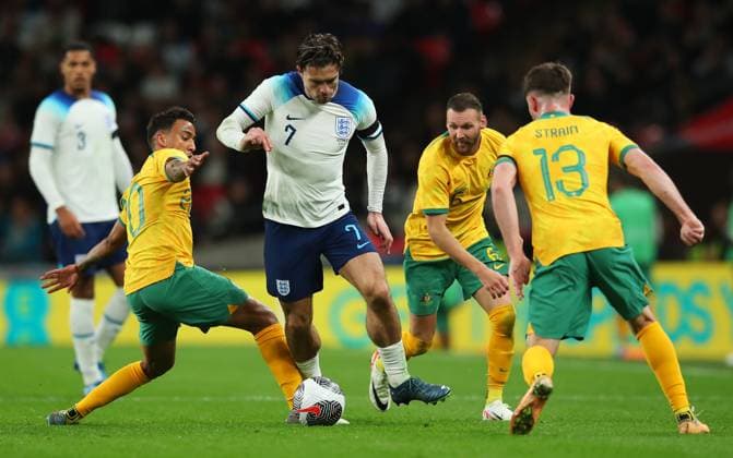 England v Australia, London, UK - 13 Oct 2023 Jack Grealish of England is challenged by Keanu Baccus of Australia during the International Friendly, Länderspiel, Nationalmannschaft match between England and Australia at Wembley Stadium, London on 13 October 2023 ( London Wembley Stadium London England Copyright: xMicahxCrook PPAUKx PPA-060928