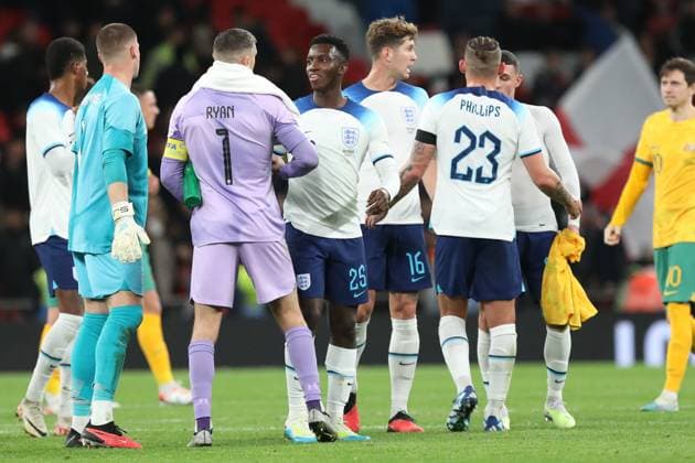 Eddie Nketiah of England talks with ex-teammate Matt Ryan of Australia after the Friendly international match, Länderspiel, Nationalmannschaft between England and Australia at Wembley Community Stadium, London, England on 13 October 2023. Copyright: xJoshuaxSmithx 38640012