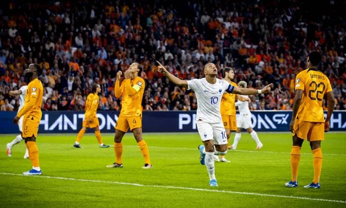 AMSTERDAM - Kylian Mbappe of France celebrates the 0-1 during the European Championship, EM, Europameisterschaft Qualifying match in group B between the Netherlands and France in the Johan Cruijff ArenA on October 13, 2023 in Amsterdam, the Netherlands. ANP KOEN VAN WEEL UEFA EURO, EM, Europameisterschaft,Fussball 2024 Qualifying Round 2023 2024 xVIxANPxSportx xxANPxIVx 481011526 originalFilename: 481011526.jpg
