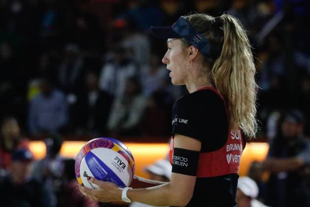 October 14, 2023, Tlaxcala, Ciudad de Mexico, Mexico: October 13, 2023, Tlaxcala, Mexico: Nina Brunner of Switzerland competes agains team USA during the Beach volleyball, Beachvolleyball World Championship, WM, Weltmeisterschaft Women s Quarterfinals between USA and Switzerland. on October 13, 2023 in Tlaxcala, Mexico. Tlaxcala Mexico - ZUMAe321 20231014_zsa_e321_092 Copyright: xEssenexHernandez xEyepixxGroupx