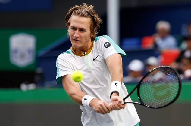 (231014) -- SHANGHAI, Oct. 14, 2023 -- Sebastian Korda returns the ball during the men s singles semifinal between Hubert Hurkacz of Poland and Sebastian Korda of the United States at the ATP, Tennis Herren World Tour Shanghai Masters tennis tournament at Qizhong Forest Sports City Arena in Shanghai, east China, Oct. 14, 2023. ) (SP)CHINA-SHANGHAI-TENNIS-ATP TOUR-SHANGHAI MASTERS(CN) WangxLili 