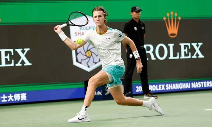 (231014) -- SHANGHAI, Oct. 14, 2023 -- Sebastian Korda returns the ball during the men s singles semifinal between Hubert Hurkacz of Poland and Sebastian Korda of the United States at the ATP, Tennis Herren World Tour Shanghai Masters tennis tournament at Qizhong Forest Sports City Arena in Shanghai, east China, Oct. 14, 2023. ) (SP)CHINA-SHANGHAI-TENNIS-ATP TOUR-SHANGHAI MASTERS(CN) WangxLili 