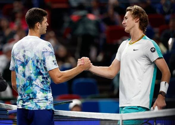 (231014) -- SHANGHAI, Oct. 14, 2023 -- Hubert Hurkacz greets Sebastian Korda (R) after the men s singles semifinal between Hubert Hurkacz of Poland and Sebastian Korda of the United States at the ATP, Tennis Herren World Tour Shanghai Masters tennis tournament at Qizhong Forest Sports City Arena in Shanghai, east China, Oct. 14, 2023. ) (SP)CHINA-SHANGHAI-TENNIS-ATP TOUR-SHANGHAI MASTERS(CN) WangxLili 