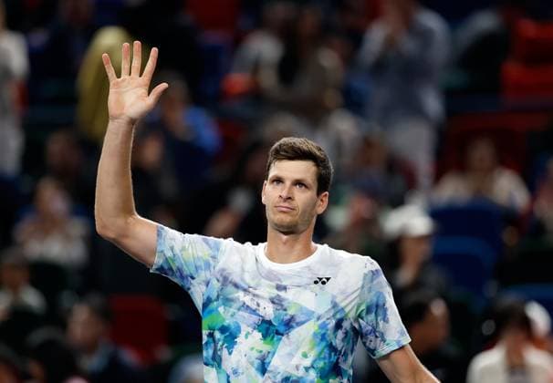 (231014) -- SHANGHAI, Oct. 14, 2023 -- Hubert Hurkacz greets the spectators after winning the men s singles semifinal between Hubert Hurkacz of Poland and Sebastian Korda of the United States at the ATP, Tennis Herren World Tour Shanghai Masters tennis tournament at Qizhong Forest Sports City Arena in Shanghai, east China, Oct. 14, 2023. ) (SP)CHINA-SHANGHAI-TENNIS-ATP TOUR-SHANGHAI MASTERS(CN) WangxLili 