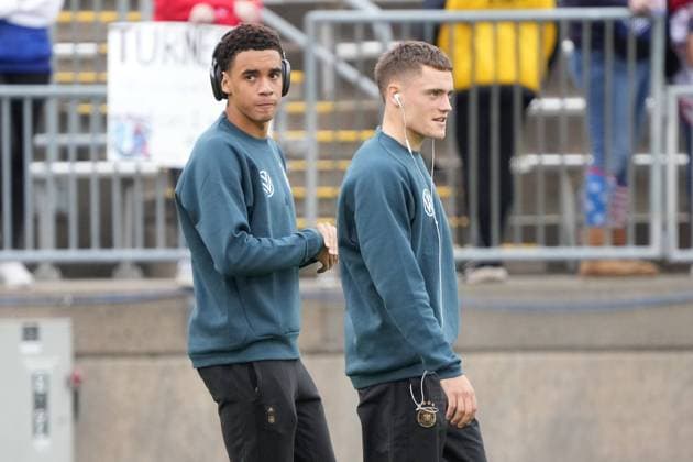 Jamal Musiala (Deutschland Germany) und Florian Wirtz (Deutschland Germany) kommen zusammen ins Stadion - Hartford 14.10.2023: USA vs. Deutschland, Pratt & Whitney Stadium Hartford, Freundschaftsspiel