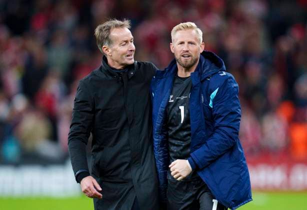 National coaches Kasper Hjulmand and Kasper Schmeichel after the European Championship, EM, Europameisterschaft qualification match between Denmark and Kazakhstan in the Park, Saturday 14 October 2023.. (Photo: Liselotte Sabroe Ritzau Scanpix) , Copenhagen Denmark