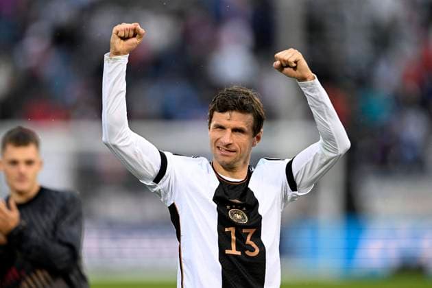 14.10.2023, Fussball Nationalteams Freundschaftsspiele 2023, Länderspiel, USA - Deutschland, im Pratt & Whitney Stadium at Rentschler Field (Hartford, Conneticut, USA), Schlussjubel, Thomas Müller (Deutschland)
