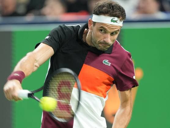 (231015) -- SHANGHAI, Oct. 15, 2023 -- Grigor Dimitrov of Bulgaria competes during the men s singles semifinal between Grigor Dimitrov of Bulgaria and Andrey Rublev of Russia at the ATP, Tennis Herren World Tour Shanghai Masters tennis tournament at Qizhong Forest Sports City Arena in Shanghai, east China, Oct. 14, 2023. ) (SP)CHINA-SHANGHAI-TENNIS-ATP TOUR-SHANGHAI MASTERS(CN) DingxTing 