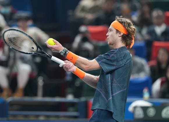 (231015) -- SHANGHAI, Oct. 15, 2023 -- Andrey Rublevof Russia reacts during the men s singles semifinal between Grigor Dimitrov of Bulgaria and Andrey Rublev of Russia at the ATP, Tennis Herren World Tour Shanghai Masters tennis tournament at Qizhong Forest Sports City Arena in Shanghai, east China, Oct. 14, 2023. ) (SP)CHINA-SHANGHAI-TENNIS-ATP TOUR-SHANGHAI MASTERS(CN) DingxTing 