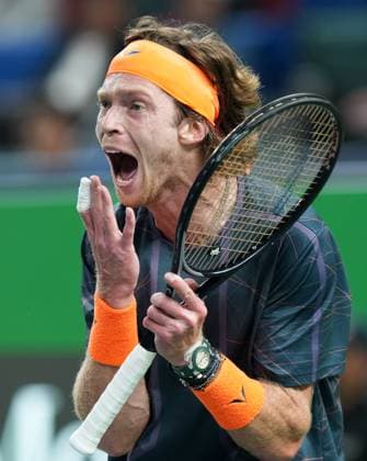 (231015) -- SHANGHAI, Oct. 15, 2023 -- Andrey Rublevof Russia celebrates during the men s singles semifinal between Grigor Dimitrov of Bulgaria and Andrey Rublev of Russia at the ATP, Tennis Herren World Tour Shanghai Masters tennis tournament at Qizhong Forest Sports City Arena in Shanghai, east China, Oct. 14, 2023. ) (SP)CHINA-SHANGHAI-TENNIS-ATP TOUR-SHANGHAI MASTERS(CN) DingxTing 