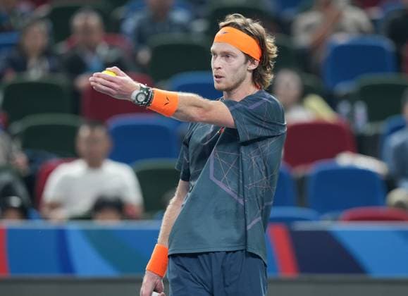 (231015) -- SHANGHAI, Oct. 15, 2023 -- Andrey Rublevof Russia reacts during the men s singles semifinal between Grigor Dimitrov of Bulgaria and Andrey Rublev of Russia at the ATP, Tennis Herren World Tour Shanghai Masters tennis tournament at Qizhong Forest Sports City Arena in Shanghai, east China, Oct. 14, 2023. ) (SP)CHINA-SHANGHAI-TENNIS-ATP TOUR-SHANGHAI MASTERS(CN) DingxTing 