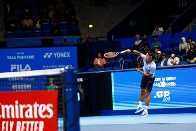 October 15, 2023, Tokyo, Japan: Yasutaka UCHIYAMA (JPN) serves against Marcos GIRON (USA) during the qualifying final match for the Kinoshita Group Japan Open Tennis Championships 2023 at the Ariake Coliseum. This is the longest-running ATP, Tennis Herren Tour tournament in Asia, first held in 1972. The tournament runs from October 16 to 22. Giron won 6-3, 6-2. Tokyo Japan - ZUMAm191 20231015_aap_m191_049 Copyright: xRodrigoxReyesxMarinx
