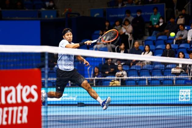 October 15, 2023, Tokyo, Japan: Yasutaka UCHIYAMA (JPN) in action against Marcos GIRON (USA) during the qualifying final match for the Kinoshita Group Japan Open Tennis Championships 2023 at the Ariake Coliseum. This is the longest-running ATP, Tennis Herren Tour tournament in Asia, first held in 1972. The tournament runs from October 16 to 22. Giron won 6-3, 6-2. Tokyo Japan - ZUMAm191 20231015_aap_m191_047 Copyright: xRodrigoxReyesxMarinx