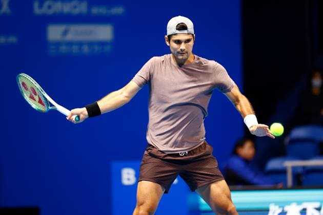 October 15, 2023, Tokyo, Japan: Marcos GIRON (USA) hits a return against Yasutaka UCHIYAMA (JPN) during the qualifying final match for the Kinoshita Group Japan Open Tennis Championships 2023 at the Ariake Coliseum. This is the longest-running ATP, Tennis Herren Tour tournament in Asia, first held in 1972. The tournament runs from October 16 to 22. Giron won 6-3, 6-2. Tokyo Japan - ZUMAm191 20231015_aap_m191_057 Copyright: xRodrigoxReyesxMarinx