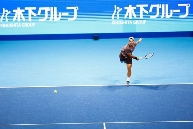 October 15, 2023, Tokyo, Japan: Marcos GIRON (USA) serves against Yasutaka UCHIYAMA (JPN) during the qualifying final match for the Kinoshita Group Japan Open Tennis Championships 2023 at the Ariake Coliseum. This is the longest-running ATP, Tennis Herren Tour tournament in Asia, first held in 1972. The tournament runs from October 16 to 22. Giron won 6-3, 6-2. Tokyo Japan - ZUMAm191 20231015_aap_m191_055 Copyright: xRodrigoxReyesxMarinx