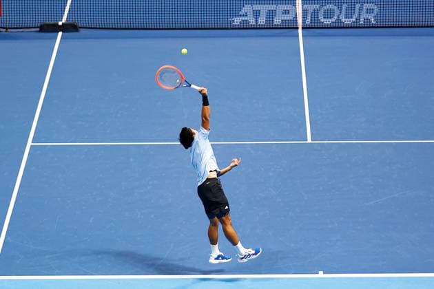 October 15, 2023, Tokyo, Japan: Yasutaka UCHIYAMA (JPN) serves against Marcos GIRON (USA) during the qualifying final match for the Kinoshita Group Japan Open Tennis Championships 2023 at the Ariake Coliseum. This is the longest-running ATP, Tennis Herren Tour tournament in Asia, first held in 1972. The tournament runs from October 16 to 22. Giron won 6-3, 6-2. Tokyo Japan - ZUMAm191 20231015_aap_m191_059 Copyright: xRodrigoxReyesxMarinx