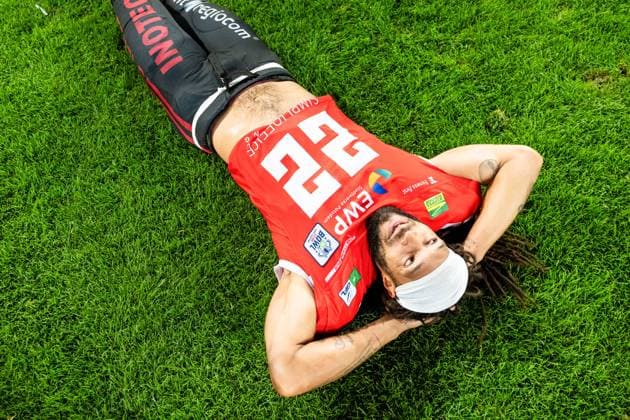 Mario Wokocha (22, DL, Potsdam Royals) nach dem Spiel GER, Potsdam Royals vs Schwaebisch Hall Unicorns, GFL, Saison 2023, GFL-Bowl, Finale, 14.10.2023, GER, Potsdam Royals vs Schwaebisch Hall Unicorns, GFL, Saison 2023, GFL-Bowl, Finale, 14.10.2023 Essen Copyright: xEibner-Pressefoto FlorianxWolfx EP_FWF