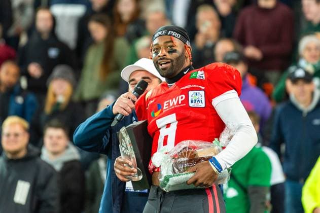 MVP Jaylon Henderson (8, QB, Potsdam Royals) GER, Potsdam Royals vs Schwaebisch Hall Unicorns, GFL, Saison 2023, GFL-Bowl, Finale, 14.10.2023, GER, Potsdam Royals vs Schwaebisch Hall Unicorns, GFL, Saison 2023, GFL-Bowl, Finale, 14.10.2023 Essen Copyright: xEibner-Pressefoto FlorianxWolfx EP_FWF