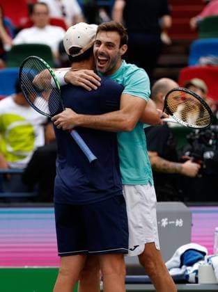 (231015) -- SHANGHAI, Oct. 15, 2023 -- Marcel Granollers (R) of Spain Horacio Zeballos of Argentina celebrate after winning the men s doubles final between Marcel Granollers of Spain Horacio Zeballos of Argentina and Rohan Bopanna of India Matthew Ebden of Australia at the ATP, Tennis Herren World Tour Shanghai Masters tennis tournament at Qizhong Forest Sports City Arena in Shanghai, east China, Oct. 15, 2023. ) (SP)CHINA-SHANGHAI-TENNIS-ATP TOUR-SHANGHAI MASTERS(CN) WangxLili 