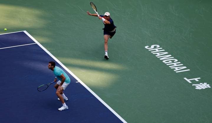(231015) -- SHANGHAI, Oct. 15, 2023 -- Marcel Granollers of Spain Horacio Zeballos (R) of Argentina compete during the men s doubles final between Marcel Granollers of Spain Horacio Zeballos of Argentina and Rohan Bopanna of India Matthew Ebden of Australia at the ATP, Tennis Herren World Tour Shanghai Masters tennis tournament at Qizhong Forest Sports City Arena in Shanghai, east China, Oct. 15, 2023. ) (SP)CHINA-SHANGHAI-TENNIS-ATP TOUR-SHANGHAI MASTERS(CN) WangxLili 
