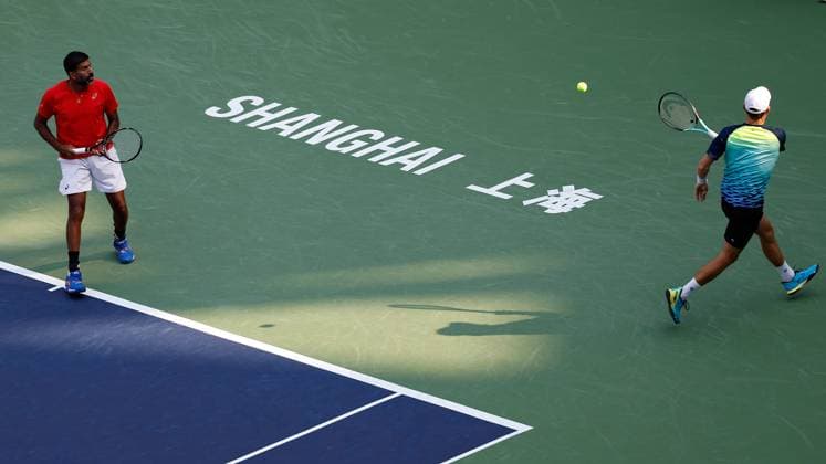 (231015) -- SHANGHAI, Oct. 15, 2023 -- Rohan Bopanna (L) of India Matthew Ebden of Australia compete during the men s doubles final between Marcel Granollers of Spain Horacio Zeballos of Argentina and Rohan Bopanna of India Matthew Ebden of Australia at the ATP, Tennis Herren World Tour Shanghai Masters tennis tournament at Qizhong Forest Sports City Arena in Shanghai, east China, Oct. 15, 2023. ) (SP)CHINA-SHANGHAI-TENNIS-ATP TOUR-SHANGHAI MASTERS(CN) WangxLili 