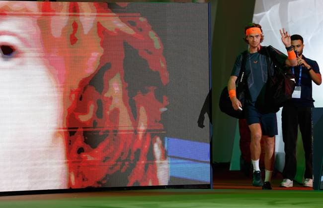 (231015) -- SHANGHAI, Oct. 15, 2023 -- Andrey Rublev of Russia greets spectators before the men s singles final between Andrey Rublev of Russia and Hubert Hurkacz of Poland at the ATP, Tennis Herren World Tour Shanghai Masters tennis tournament at Qizhong Forest Sports City Arena in Shanghai, east China, Oct. 15, 2023. ) (SP)CHINA-SHANGHAI-TENNIS-ATP TOUR-SHANGHAI MASTERS(CN) WangxLili 
