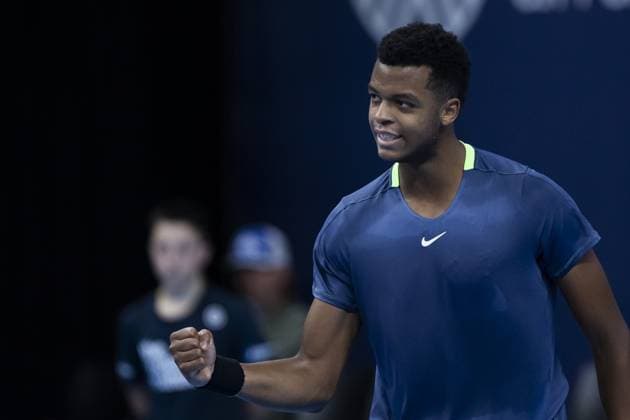 French Giovanni Mpetshi Perricard celebrates after winning a qualifications match for the European Open Tennis ATP, Tennis Herren tournament, in Antwerp, Sunday 15 October 2023. KRISTOFxVANxACCOM  x77769531x