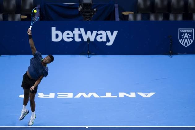 French Giovanni Mpetshi Perricard pictured in action during a qualifications match for the European Open Tennis ATP, Tennis Herren tournament, in Antwerp, Sunday 15 October 2023. KRISTOFxVANxACCOM  x77769690x
