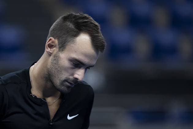 French Antoine Escoffier looks dejected during a qualifications match for the European Open Tennis ATP, Tennis Herren tournament, in Antwerp, Sunday 15 October 2023. KRISTOFxVANxACCOM  x77770066x