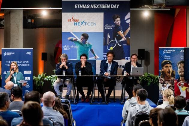 French Sebastien Grosjean and European Open tournament director Dick Norman pictured during the European Open Tennis ATP, Tennis Herren tournament, in Antwerp, Sunday 15 October 2023. JASPERxJACOBS  x77773799x