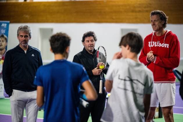 French Sebastien Grosjean and European Open tournament director Dick Norman pictured during the European Open Tennis ATP, Tennis Herren tournament, in Antwerp, Sunday 15 October 2023. JASPERxJACOBS  x77774906x