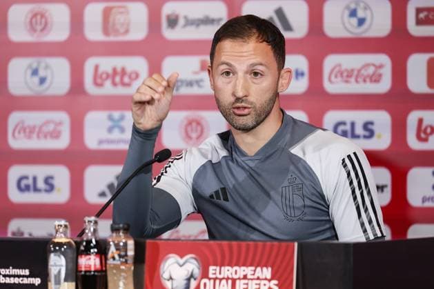 Belgium s head coach Domenico Tedesco pictured during a press conference, PK, Pressekonferenz of the Belgian national soccer team Red Devils, at the Royal Belgian Football Association s training center, in Tubize, Sunday 15 October 2023. The Red Devils are playing against Sweden on Monday, match 7 8 in Group F of the Euro 2024 qualifications. BRUNOxFAHY  x77775310x