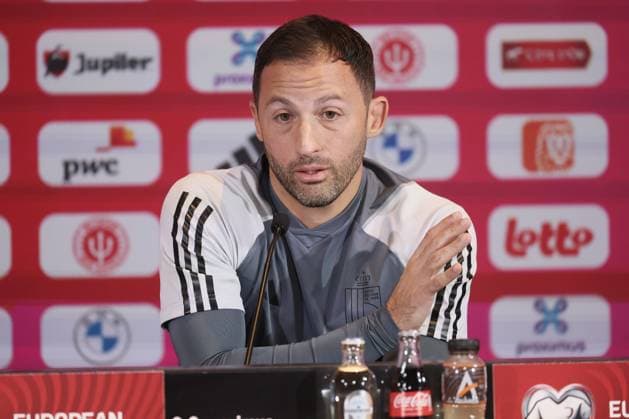 Belgium s head coach Domenico Tedesco pictured during a press conference, PK, Pressekonferenz of the Belgian national soccer team Red Devils, at the Royal Belgian Football Association s training center, in Tubize, Sunday 15 October 2023. The Red Devils are playing against Sweden on Monday, match 7 8 in Group F of the Euro 2024 qualifications. BRUNOxFAHY  x77775839x